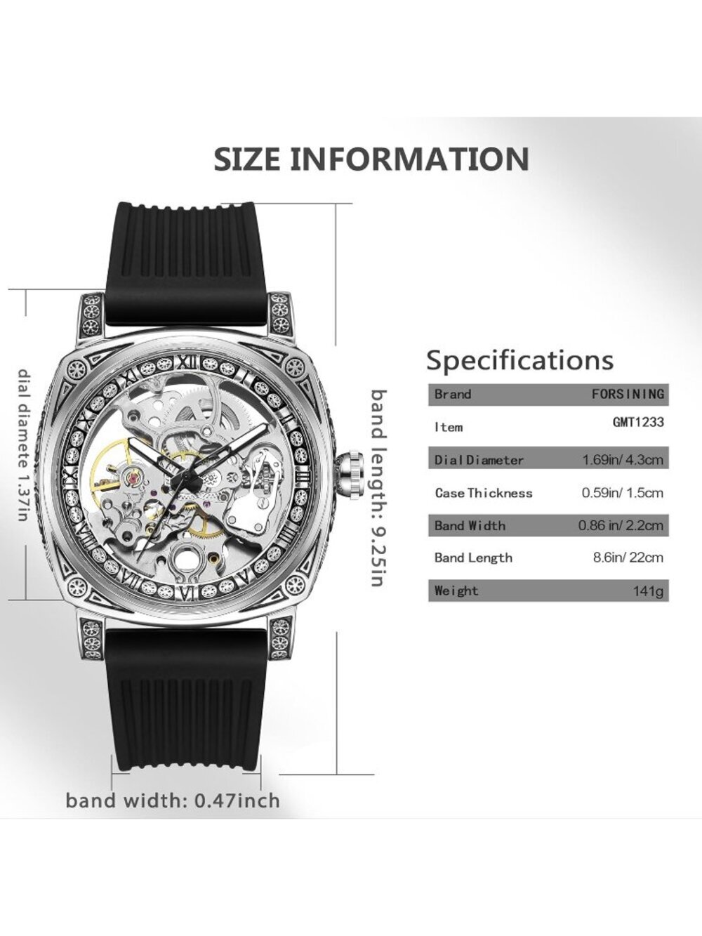 Men's Black Square Mechanical Rubber Buckle Self-Wind Carved Automatic Watch - Picture 6 of 6